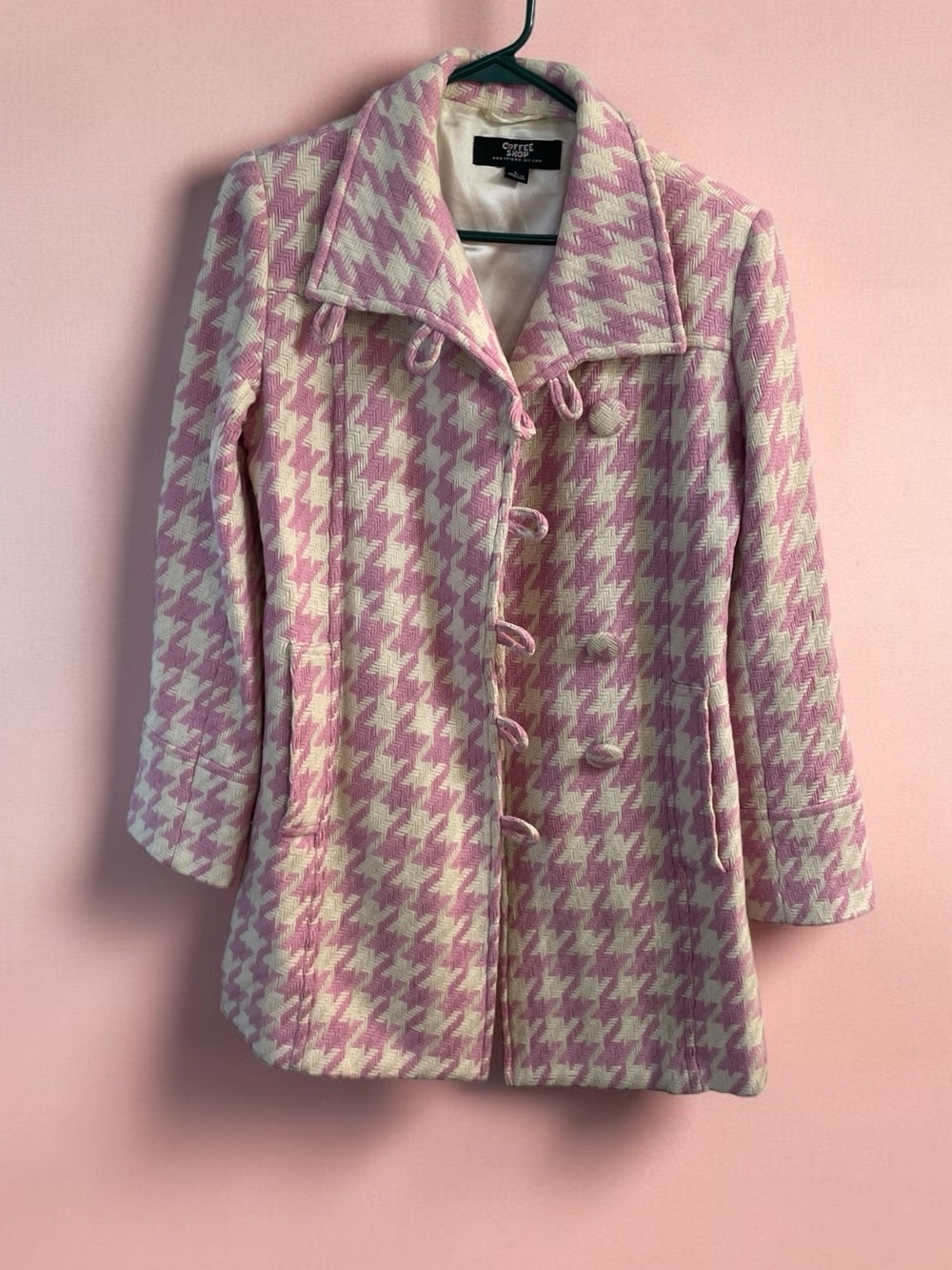 Y2K Coffee Shop Pink Houndstooth Wool Blend Peacoat Jacket Large Preppy Barbieco